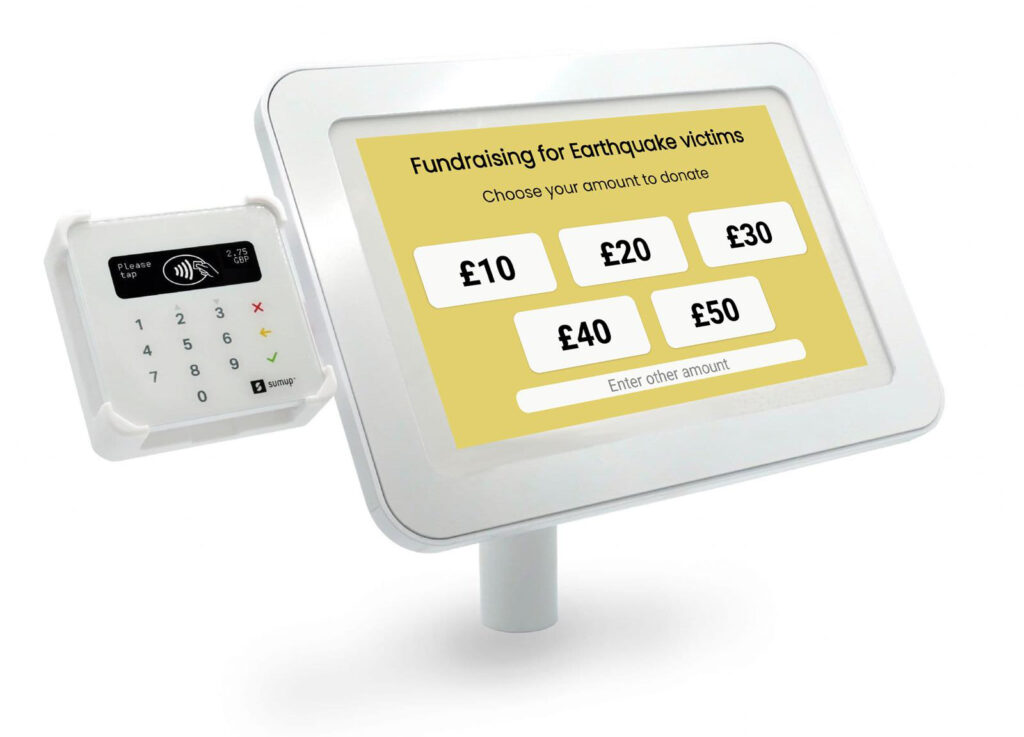 theOlivepod low cost fundraising app displaying as desk mount enclosure with SumUp card reader. Enable fundraising to unlimited devices on the go whether it be at events, on the streets, or wherever your charitable mission leads you.