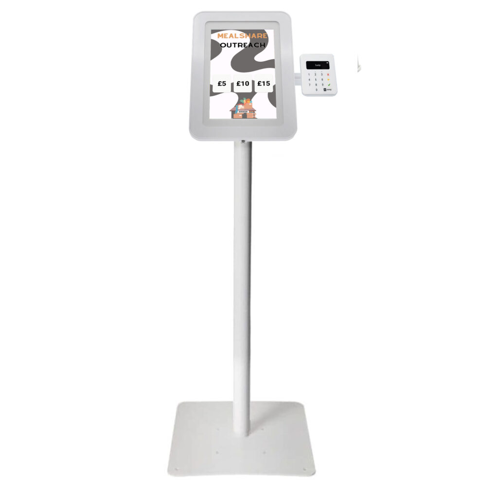 theOlivepod low cost fundraising app displaying as fixed floor stand with SumUp card reader 