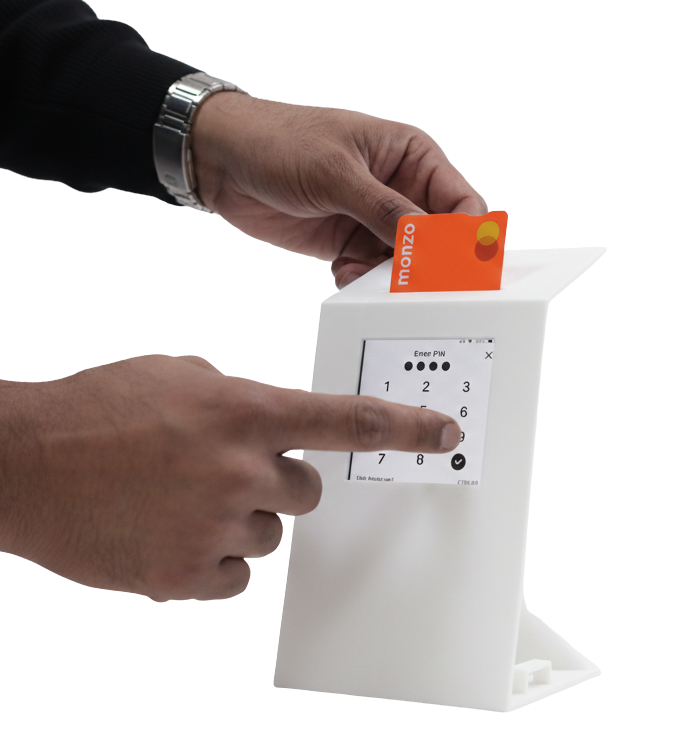 Close-up of a donor using a credit card on POD Flex - A simple, standalone, cashless fundraising solution for effortless giving.