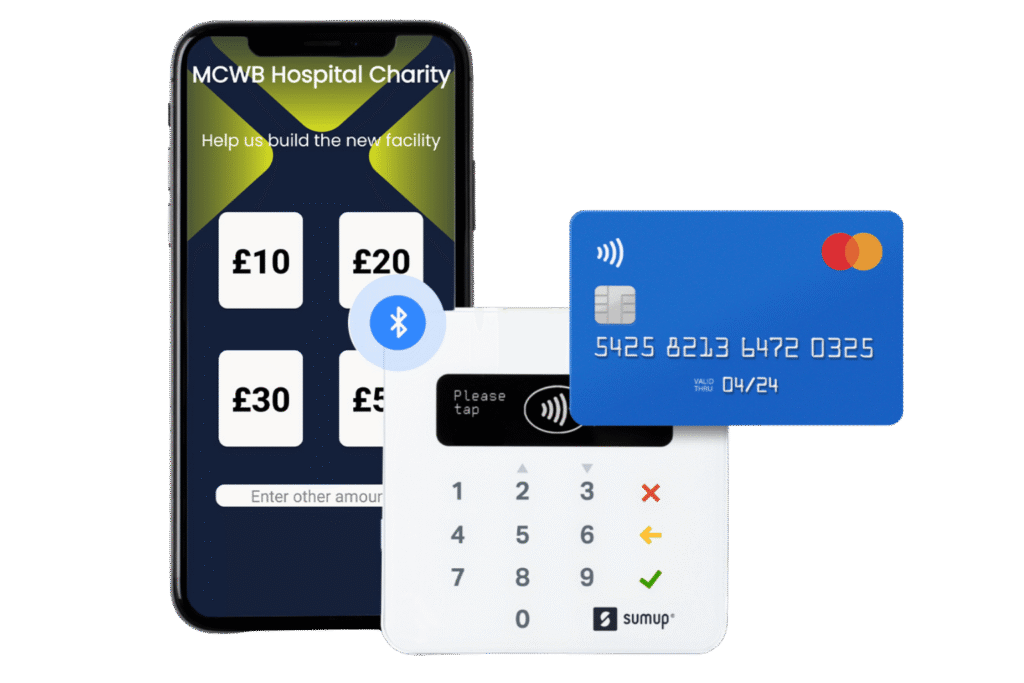 Volunteer using the contactless donation app at a charity event.
