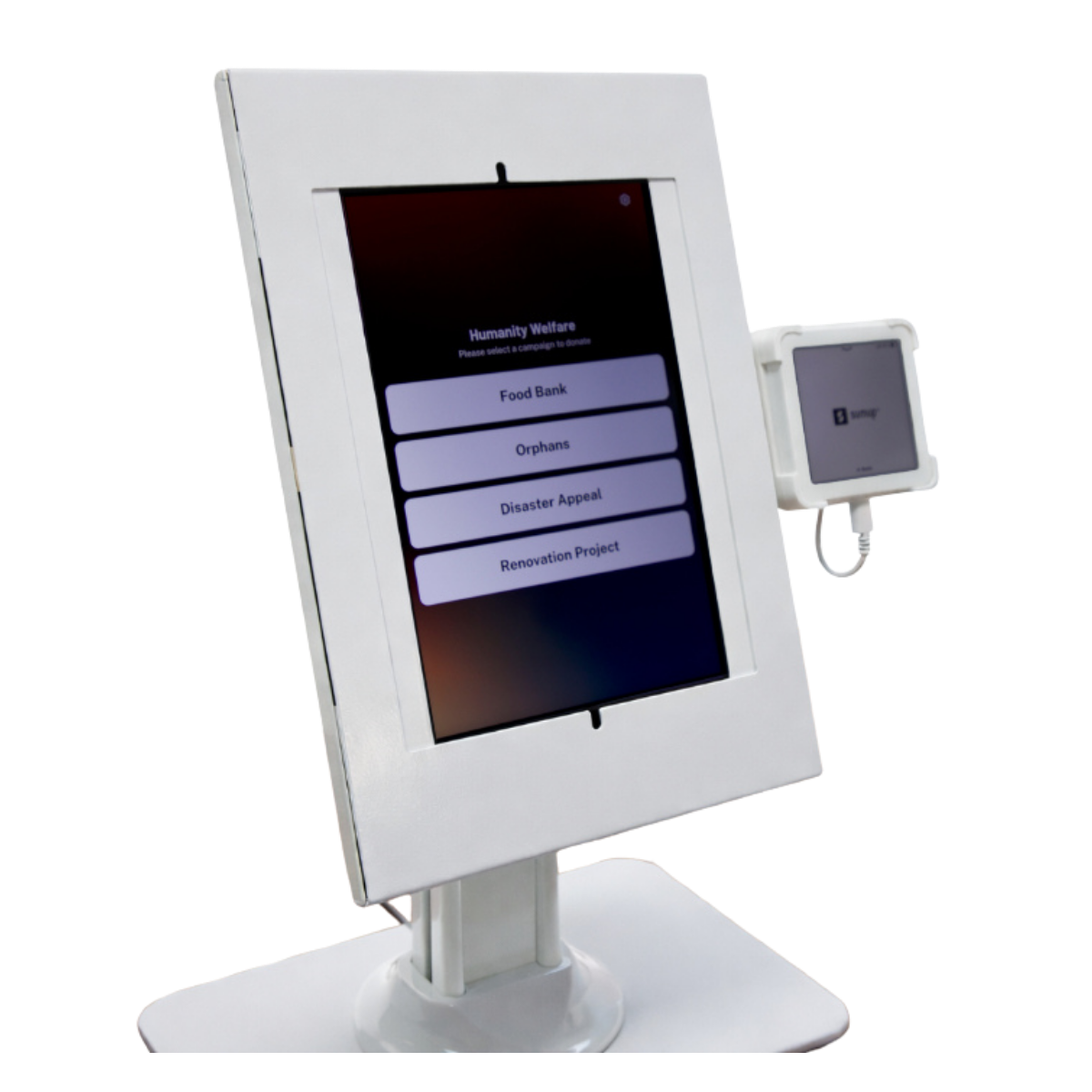 Desk mount contactless donation station for charity and religious institutions.