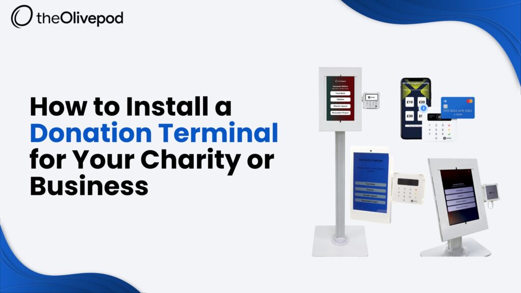 A technical step-by-step setup visual from TheOlivePod demonstrating how to connect a modern countertop contactless donation terminal to a secure local network.