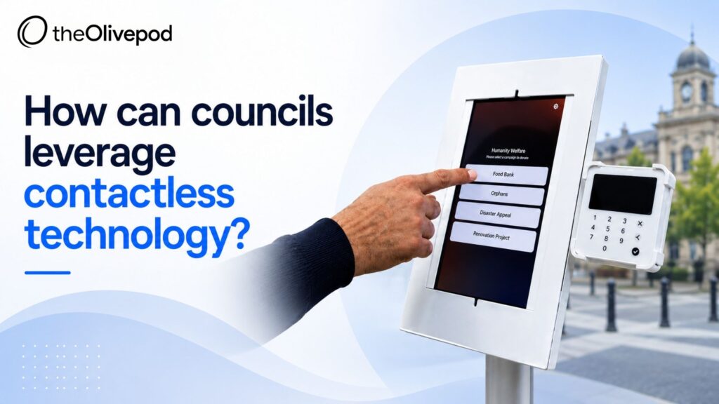 A citizen using a contactless payment device at a modern local council service station powered by TheOlivePod technology solutions.