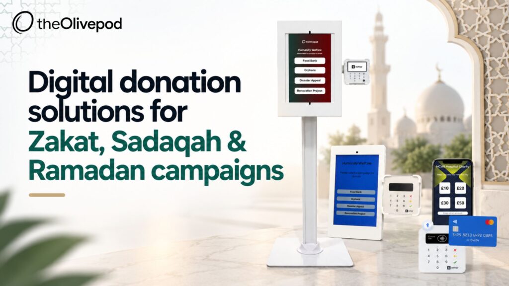Digital donation terminals and contactless payment devices for Zakat, Sadaqah and Ramadan charity fundraising campaigns by TheOlivepod.
