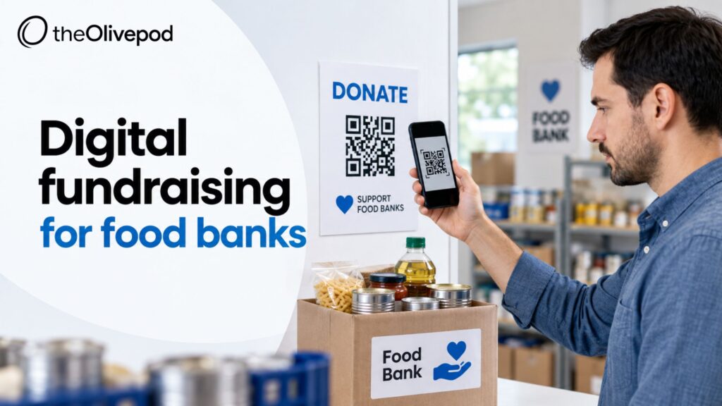A contactless donation station set up at a local food bank to accept digital contributions, powered by TheOlivePod.